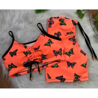 Conjunto short com cordinha e top com bojo para academia - Oncinha neon lateral