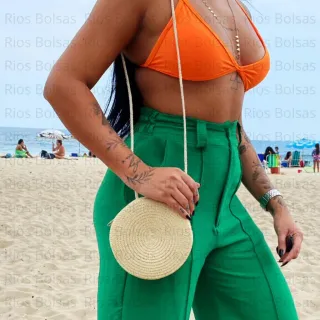 Rianna - Bolsa Redonda de Palha Feminina Transversal Tiracolo - Caramelo