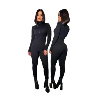Macacão Premium Virgínia Moda Gringa Canelado Zíper Frontal - Preto