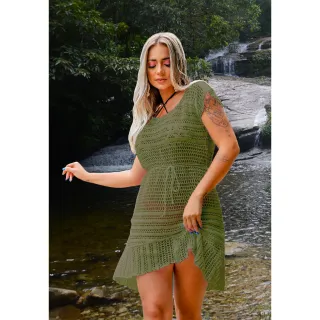 Vestido Tendência Tricot Feminino Fechado para Praia no Verão - Pink