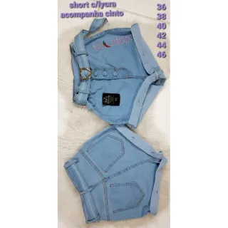 Shorts Lycra Jeans Feminina - Cintura Alta, Botão Encapado, Bordado e Cinto - Oscura bordado love