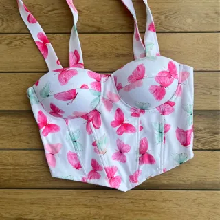 Corset com bojo floral onça amarrar no ombro, colorido e candy colors - 5-bolinha candy