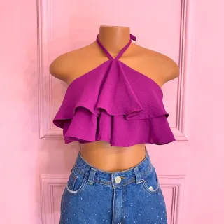 Cropped com babado e amarração no pescoço - 025 - Verde musgo