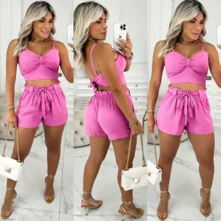 Promoção: Conjunto Top Cropped Moda Feminina com bojo e amarrar atrás + Short Verão com bolsos laterais - Roxo