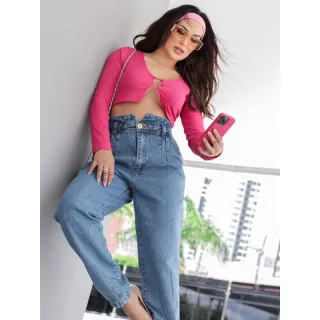 Calça jeans feminina mom cintura alta, 100% algodão, linha luxo marmorizada - Raryel - Mom marmorizada luxo