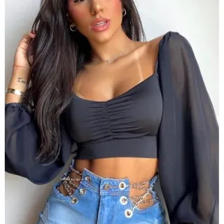 Manga Longa Bufante Cropped Top Suplex Tule Preto Branco Julliete - Branco