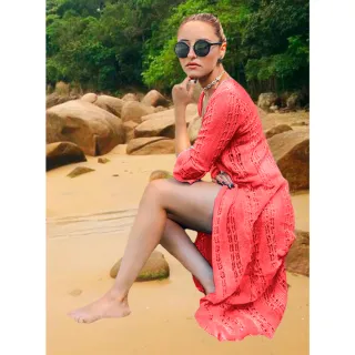 Manga 3/4 Tricot Longa Feminina Saida de Praia - Coral