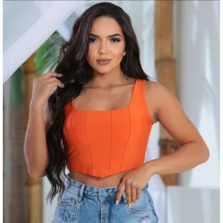 Lançamento Verão: Corselete Bico V com Bojo - Cropped Corset - Laranja verão