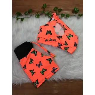 Conjunto de short com cordinha + top com bojo para academia - Neon alcinha