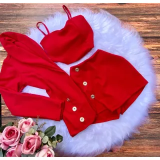 Kit Conjunto Social Feminino: Blazer manga longa ou colete + Short saia + Cropped de alcinha - Modelo 4