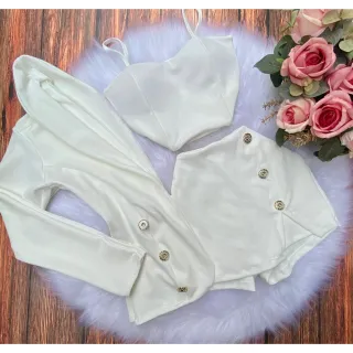 Kit Conjunto Social Feminino: Blazer manga longa ou colete + Short saia + Cropped de alcinha - Modelo 4