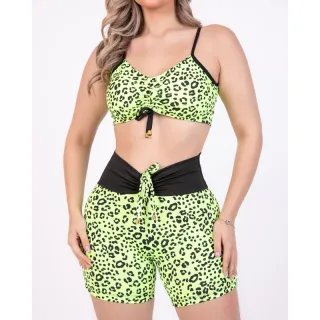 Conjunto de short com cordinha + top com bojo para academia - Neon alcinha
