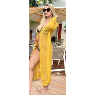Tricot Feminino Longa Kimono Saída de Praia - Amarelo