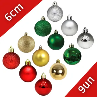 Kit Decoração Natalina Bolas de Natal - 9 Unidades Tamanho Médio 6cm