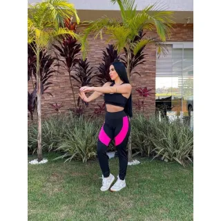 Detalhe Lateral Tule Suplex e Cirrê Fitness Academia Legging Calça - Preto/Amarelo