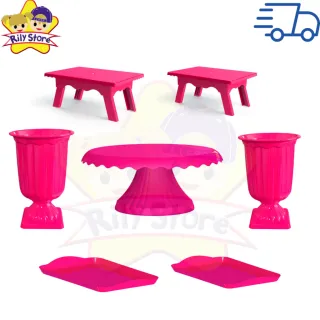 Elegante Kit de Boleira Cake Renda + Mesinhas + Vasos Grego + Bandejas - Vermelho
