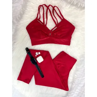Legging Fitness Compressão Aveludada, Conjunto Poliamida Cós Alto - Vermelho
