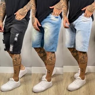 Bermuda Jeans Masculina Slim Premium Rasgada - Kit 3 Peças - kit 2，preto ，escuro