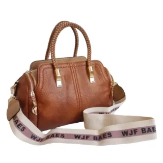 Alça Transversal Bolsa Baú Feminina Média Couro Sintético 3002/3003 - Bege com Caramelo