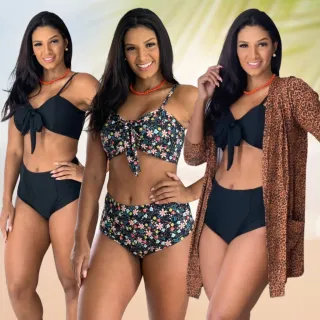 Biquíni feminino hot pants de laço cintura alta forrado e com bojo - unicórnio azul