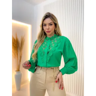 Modas LS108 - Camisa feminina manga longa com renda na frente - Pink