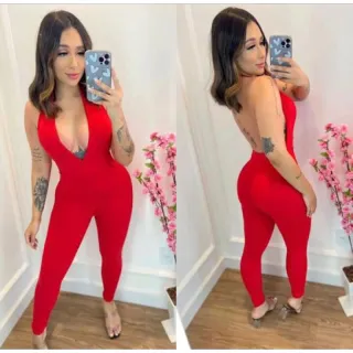 Macacão Longo Gringa Mirela Decote U em Tecido de Suplex - Pink