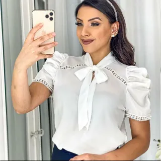 Moda feminina: Blusa manga curta com laço no pescoço - lilais