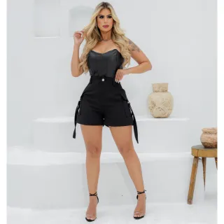 Verão Varios Modelos - Short Feminino Alfaiataria com Bolso Lateral e Cintura Alta - Preto