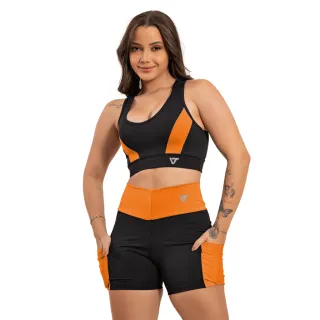 Short fitness com bolso celular e top para academia - conjunto c/b laranja
