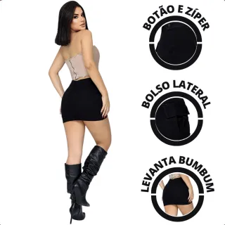 Saia Jeans Feminina Preta Cintura Alta com Bolso Lateral Cargo - 40