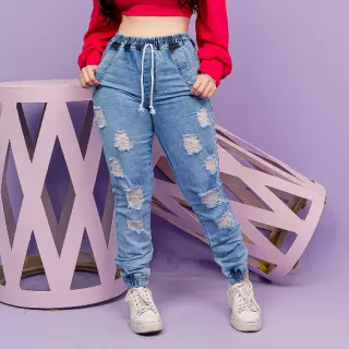 Cintura Alta Calça Jeans Jogger Feminina - Blogueira - jeans escuro jogger