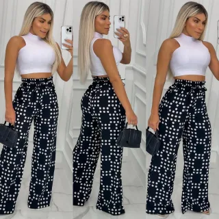 Calça Pantalona Feminina com Cintura Alta e Elástico Grosso - 13