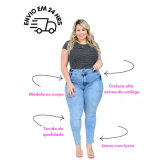 Calça Plus Size Jeans Feminina Cintura Alta com Elastano - 0467