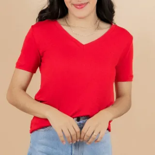 Malha Lisa Manga Curta Blusa Feminina Gola V - Preto