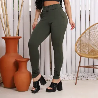 Cinto forrado calça feminina social cintura alta skinny com bolso - Verde Militar