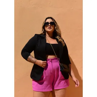 Casaco Blazer Feminino Plus Size em Neoprene - Modelagem Alongada - Rosa Barbie