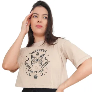 Moda Gringa: Camiseta Cropped em Algodão 100% - PRETO/FLOR