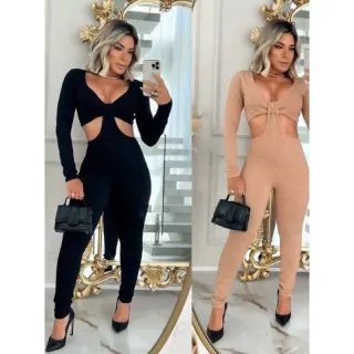 Macacão Longo Feminino Canelado Ziper Moda Gringa Balada - Raryel - Preto