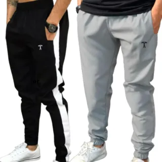 Exclusiva Modelagem Slim: Kit com 2 Calças Elastano/Tactel - 1 PRETA + 1 COM FAIXA BRANCA