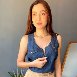 Blusa feminina jeans regata verão com bolso e zíper - JEANS ESCURO