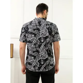 Camisa Manga Curta Masculino Social Floral Preto Branco - G