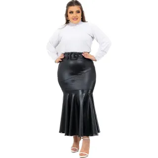 Saia Midi Feminina Plus Size em Cirrê - Social Cinto Courino - Preto