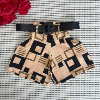 Short Feminino Malha Cintura Alta + Cinto. Moda Praia Verão - MODELO 2 ESTAMPA SORTIDA