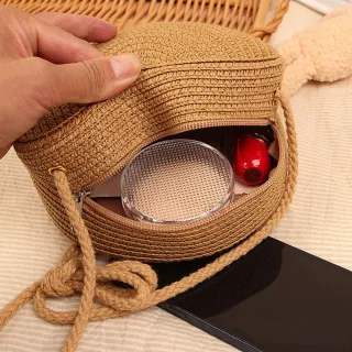 Alça Comprida Bolsa Redonda Pequena Palha Sintética