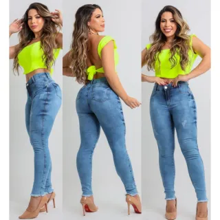 Calça Jeans Feminina Cintura Alta Levanta Bumbum Skinny Com Lycra - PRETO NAVALHADA JOELHO