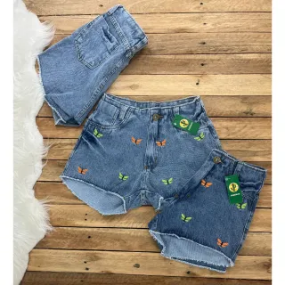 Hotpant Feminino Jeans Bordado Borboletas Cintura Alta - Claro