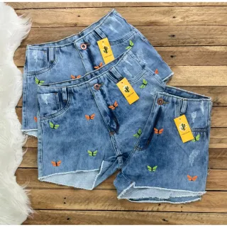 Hotpant Feminino Jeans Bordado Borboletas Cintura Alta - Claro