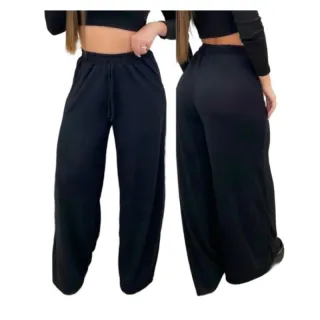 Wide Leg Calça Pantalona Preta Feminina em Crepe Duna
