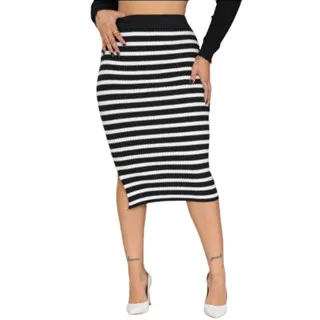 Verão Tendência Blogueira Saia Midi Tricot Modal Canelada Fenda Lateral - Preto/Nude