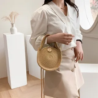 Bolsa redonda de praia feminina em algodão - alça de mão e transversal - Bege